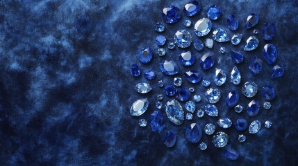 Aufkleber - A captivating collection of blue gemstones in various cuts and shapes is artistically displayed on a rich blue fabric.