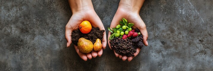 Poster - Hands cradle a mix of fresh fruits and rich soil, highlighting the connection between nature and nurturing growth in a garden setting. Generative AI