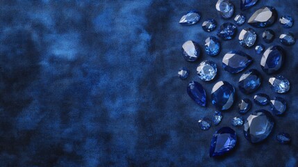 Aufkleber - Sapphires and various gemstones lay scattered on a deep blue fabric, highlighting their stunning colors and cuts. The arrangement showcases the elegance and allure of each unique stone.