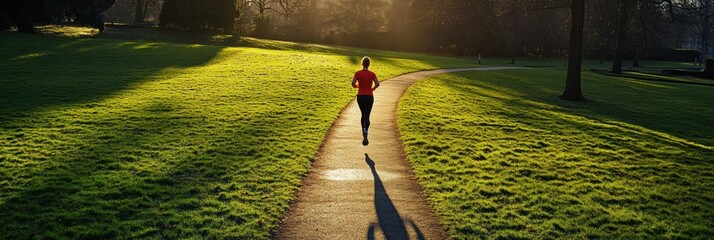 Poster - A solitary runner makes their way along a picturesque path in a green park, illuminated by soft morning light filtering through the trees. Generative AI