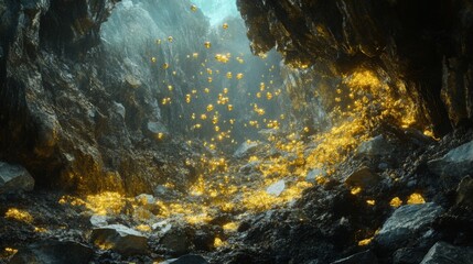 Aufkleber - Deep within a mystical cave, shimmering golden crystals sparkle against rocky surfaces.