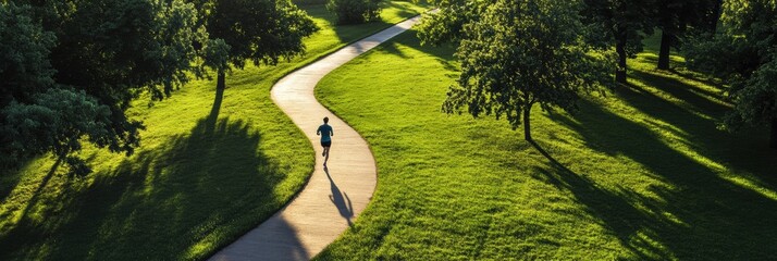 Aufkleber - A solitary runner follows a curved pathway in a vibrant green park, enjoying the peaceful atmosphere during a sunny morning. Generative AI