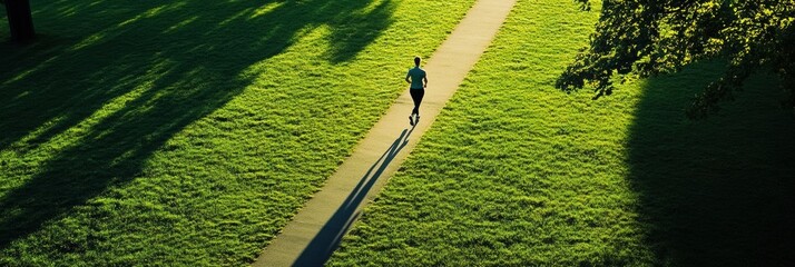 Aufkleber - A solitary runner jogs along a winding path surrounded by lush green grass in a tranquil park setting. Sunshine peeks through the trees. Generative AI