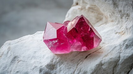 Poster - This striking red gemstone features a beautifully formed crystalline structure, resting on a natural stone surface. The vibrant color and transparency highlight its unique qualities and beauty.