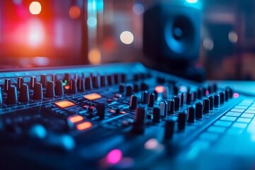 A close-up of a music mixing console with illuminated controls.