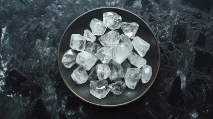 Poster - A collection of transparent gemstones lies neatly arranged in a black dish.