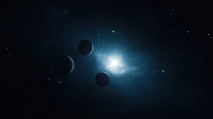 Glowing blue star in deep space. Planets orbit around. New planetary system in universe. Cosmic view of cosmos. Space exploration theme. Science fiction photo. Celestial bodies in dark space.