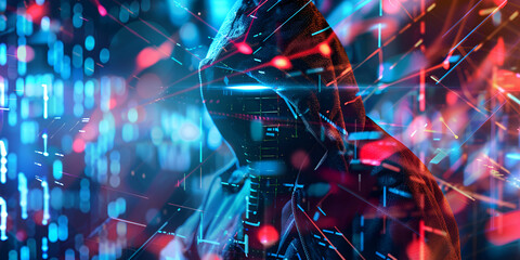 Hacker in digital cyberspace with glowing data overlay | Concept of cyber security and data breach