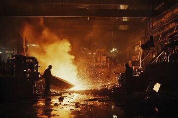 Leinwandbilder - Molten metal is poured from a channel into casting molds, creating bright flames and sparks in a bustling industrial facility at night. Generative AI