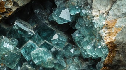 Poster - Vibrant emerald green gemstones are nestled within a natural rock formation.
