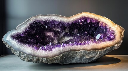 Poster - A large amethyst geode boasts vibrant purple crystals and a shimmering surface. The piece is placed against a neutral background, highlighting its natural beauty and intricate details.