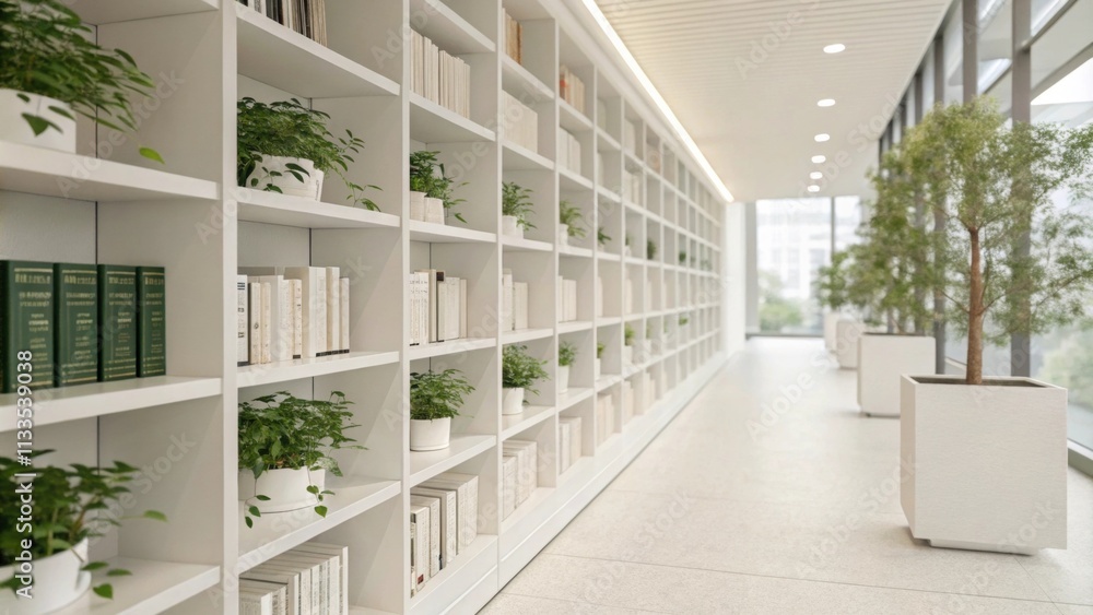 The interior of a bright library showcases minimalist white shelving ...