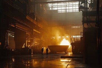 Poster - Molten metal flows into casting molds as flames and sparks erupt in a large industrial hall during a casting operation. Generative AI