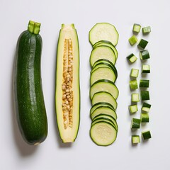 Wall Mural - Green Zucchini in Different Forms: Whole, Halved, Sliced, and Diced on White Background