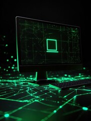 Aufkleber - Illuminated network grid and a simple monitor icon in green showcase digital support and connectivity in a technology-focused environment. Generative AI