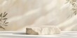 © Vadym - Beige rock podium for product display. Natural light highlights rock shape. Soft beige background with fuzzy texture. Empty podium ready for product placement. Minimalist display. Natural materials