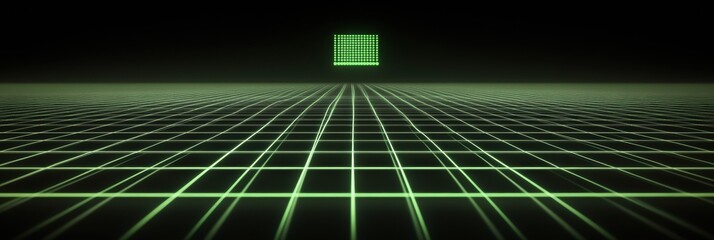 Leinwandbilder - A glowing network grid emerges in a dark environment, with green text depicting a monitor icon symbolizing digital connectivity and support. Generative AI