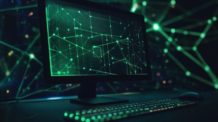 Aufkleber - A glowing network grid and simple monitor icon illuminate a workspace, highlighting themes of digital support and connectivity in technology. Generative AI