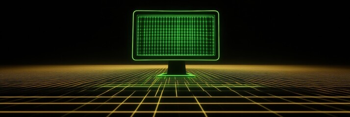Leinwandbilder - A glowing network grid and monitor icon in green text illustrate the concept of digital connectivity and technological support in a dark setting. Generative AI