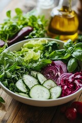 Wall Mural - Fresh Vegan Salad with Organic Vegetables and Greens in a Bowl. Healthy Food Concept.