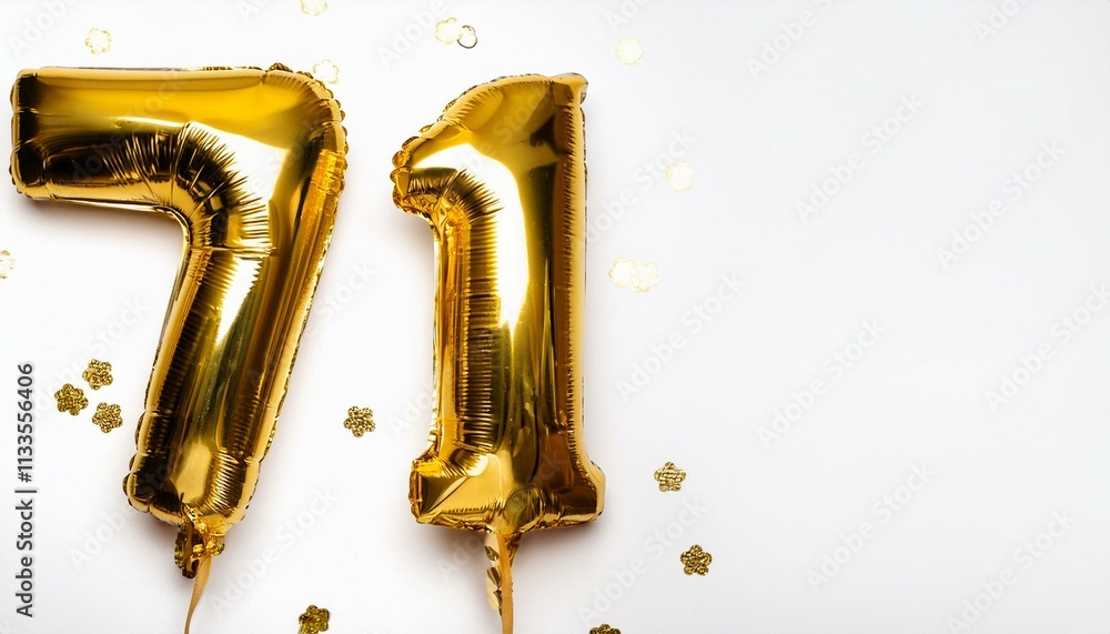 Number 71 golden balloons on white background with copy space ...