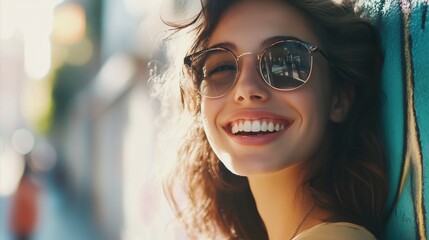 Wall Mural - Woman with long hair and sunglasses is smiling