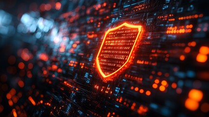 Wall Mural - digital security shield superimposed on a futuristic city skyline backdrop image