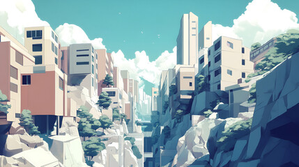 Wall Mural - Futuristic Cityscape Buildings Integrated Into Rocky Terrain