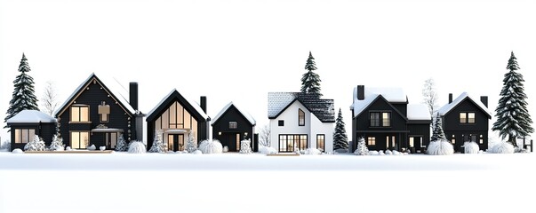 Wall Mural - different black and cream winter houses set with pine tree and snow on white background 