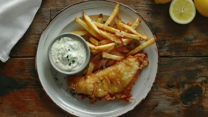 Wall Mural - Panning over a Plate of Fish and Chips on a Wooden Table