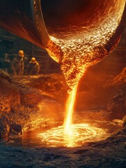 Aufkleber - Molten metal streams into casting molds, igniting flames and sparks in a bustling industrial hall under intense heat. Generative AI