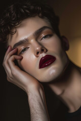 Wall Mural - transgender man with cherry red lips and sharp eyeliner