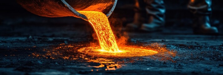 Aufkleber - Molten metal flows from a crucible into molds, creating sparks and flames in a bustling industrial hall dedicated to metalcasting. Generative AI