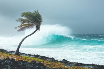 Wall Mural - Dramatic Ocean Scene with Windswept Palm Tree Leaning Over Turquoise Waves Understormy Sky Capturing Nature's Raw Power and Beauty in a Coastal Landscape