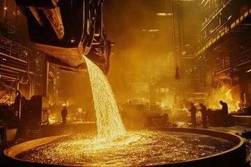 Aufkleber - Molten metal flows into casting molds, illuminating the industrial hall with intense light and sparks while workers manage the pouring process. Generative AI