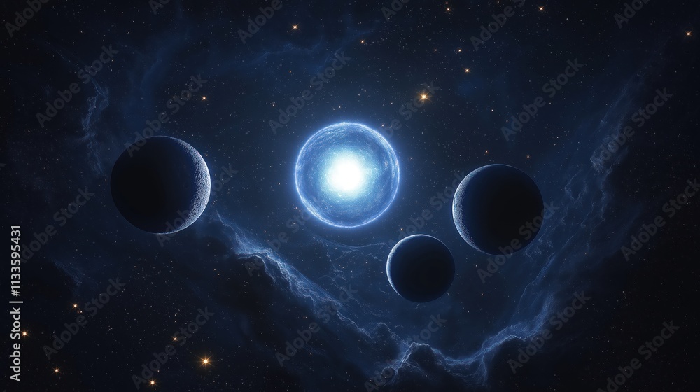 Glowing blue star illuminates new planetary system. Planets orbit ...