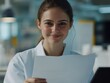 © Elena - Smiling Woman in Lab Coat Holding Paper