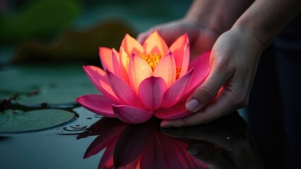 Canvas Print - Hands gently hold a vibrant pink lotus flower floating on water with its reflection shown below. Vesak, Loi Kratong, Visakha Bucha 