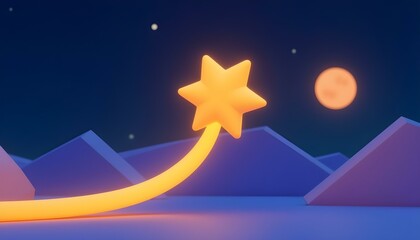 Wall Mural - 3d render of a golden shooting star with a sparkling trail, against a clear night sky with a full mo