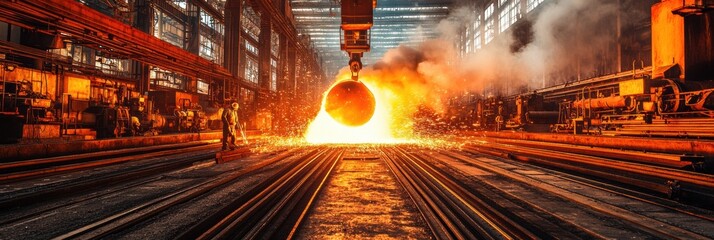Aufkleber - Workers pour molten metal into molds as flames and sparks erupt in a bustling industrial hall, showcasing the intensity of metal casting. Generative AI