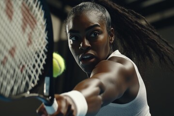 Wall Mural - Athletic woman demonstrates intense focus and motion while playing tennis during an indoor match