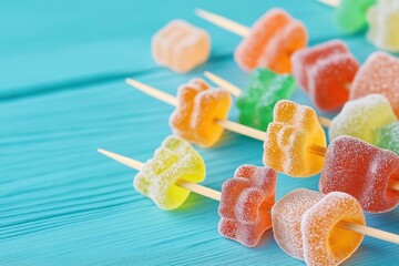 Colorful gummy candy bears on wooden skewers. Arranged on light teal wooden surface. Sweets sugary coating. Great treat for kids adults. Vibrant colors appealing. Fun, delicious photo for food blogs