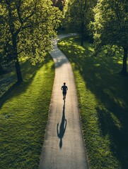 Aufkleber - A solitary runner ventures along a curving path in a lush green park, surrounded by trees under the golden hues of late afternoon sunlight. Generative AI