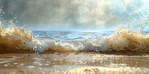 Wall Mural - The image captures a mesmerizing scene where ocean waves crash onto the sandy beach under a dreamy sky, showcasing the serene beauty of nature