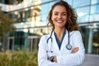 © Design Depot - A cheerful female doctor in a white coat and stethoscope, smiling warmly as she stands confidently in front of a modern medical facility on a sunny day.