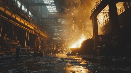 Aufkleber - Workers pour molten metal into casting molds, igniting flames and sparks inside a large industrial hall at night. Generative AI
