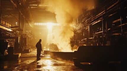 Aufkleber - Molten metal is being poured into casting molds while flames and sparks erupt from the channel in a bustling industrial hall. Generative AI
