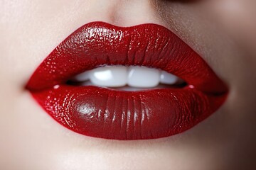 Closeup view of lips with intense red lipstick. Attractive vibrant red lipstick color. Perfect for beauty products promotion. Woman lips. Makeup artistry. Sensual glamorous appeal. Perfect for