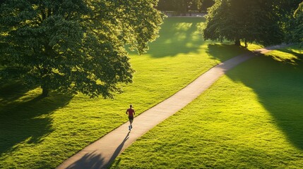Aufkleber - A solitary runner moves along a paved path in a vibrant park, surrounded by greenery and bathed in warm afternoon sunlight. Generative AI