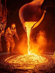 Aufkleber - Hot liquid metal is skillfully poured into molds, illuminating the industrial hall with bright flames and flying sparks during the casting process. Generative AI